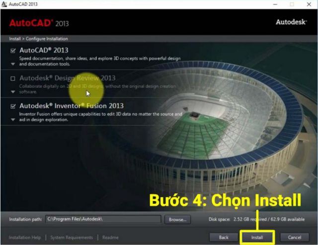 Chọn Install để cài đặt Autocad 2013