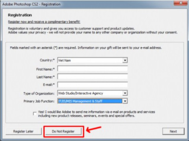 Chọn Do Not Register để bỏ qua bước này