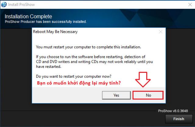 Chọn No để tránh khởi động lại máy