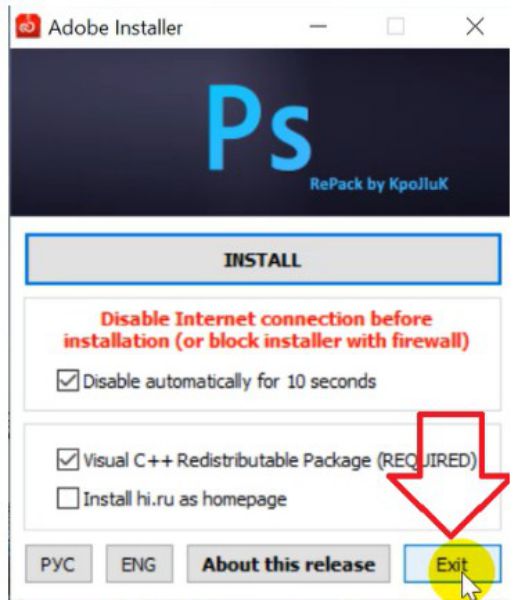 Kết thúc quá trình cài đặt Photoshop CC bằng Exit