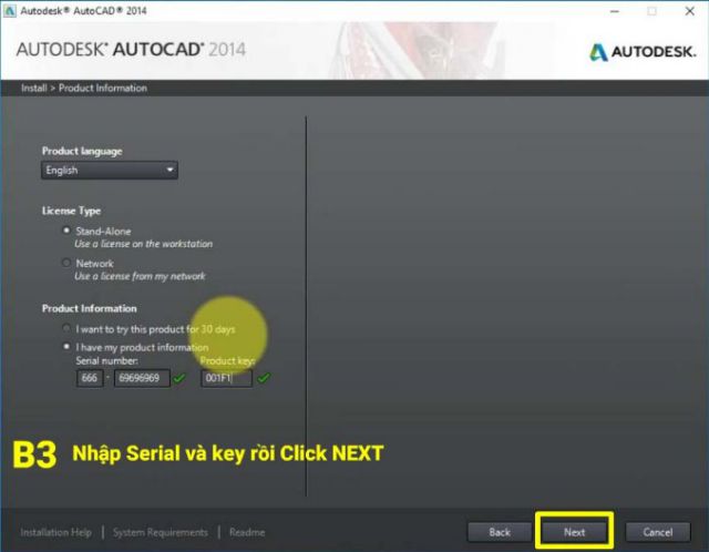 Nhập Serial và Key rồi Click Next