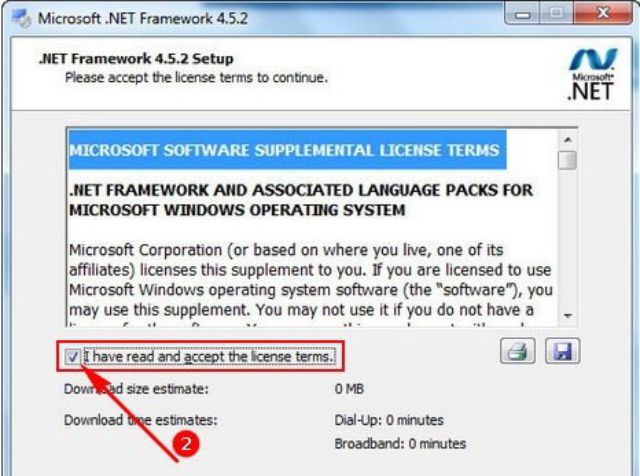 Đồng ý điều khoản sử dụng net framework 4.0