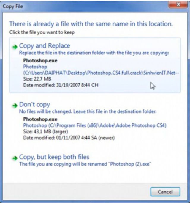 Chọn Copy and Replace file setup Photoshop CS4