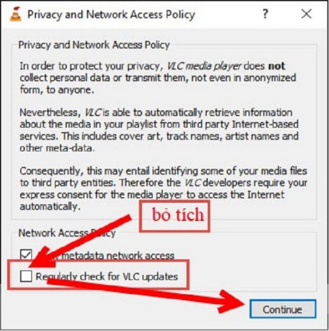 Bỏ chọn “Requlary check for VLC updates”