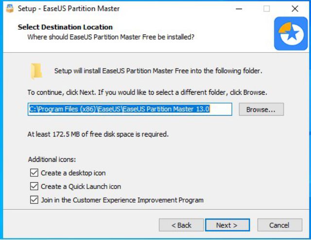 Lựa chọn nơi cài đặt easeus partition master