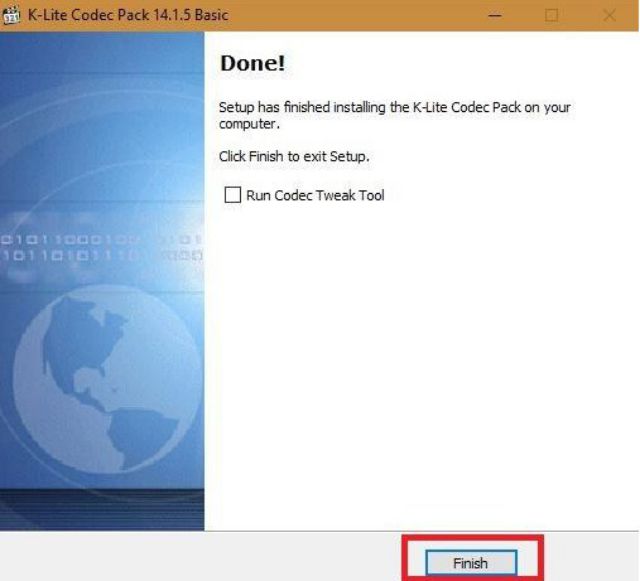 Chọn Finish để kết thúc cài đặt K-lite mega codec pack