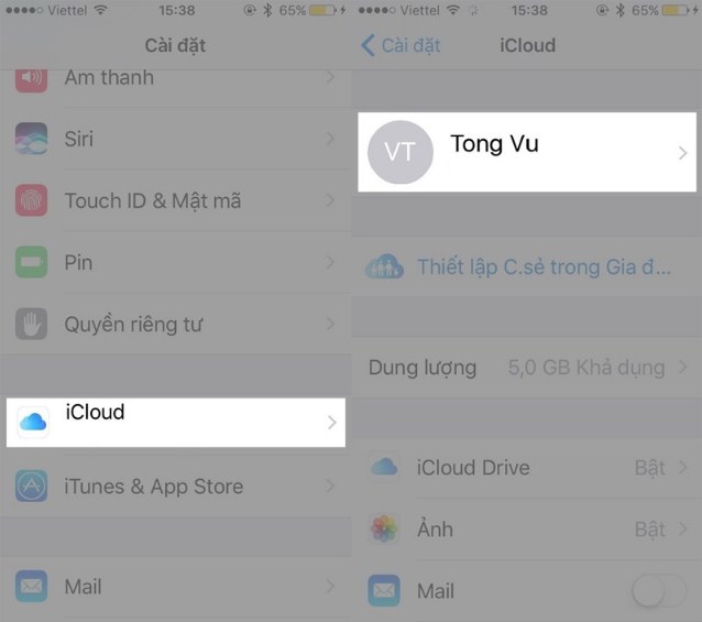 Truy cập Cài đặt -> iCloud