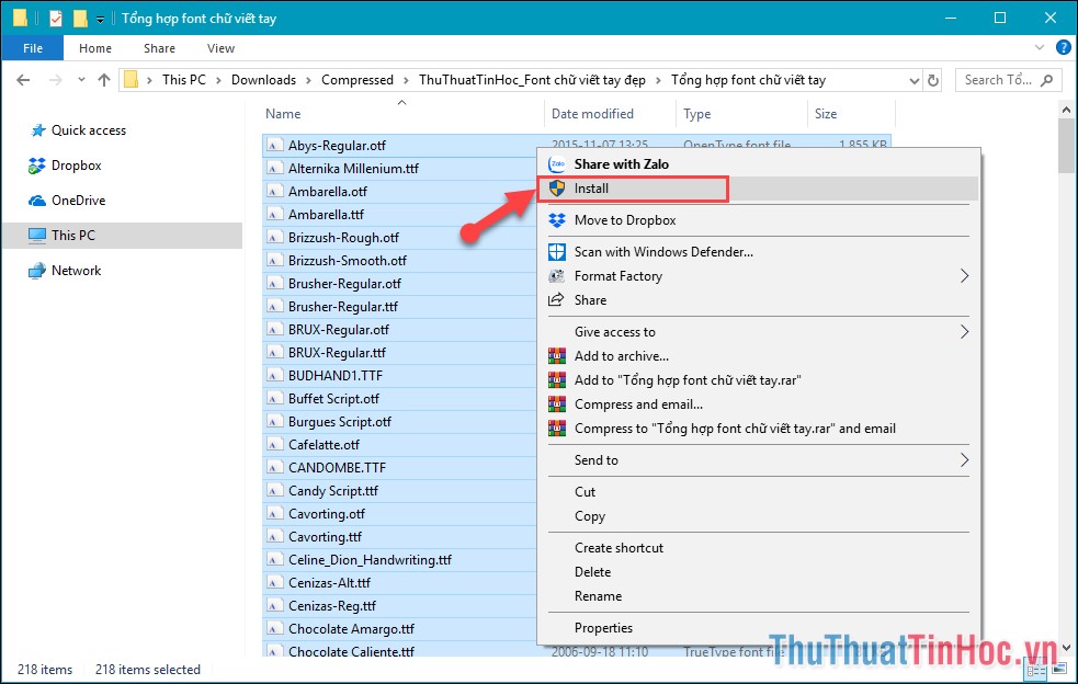 Chọn tất cả các font, sau đó chuột phải chọn Install