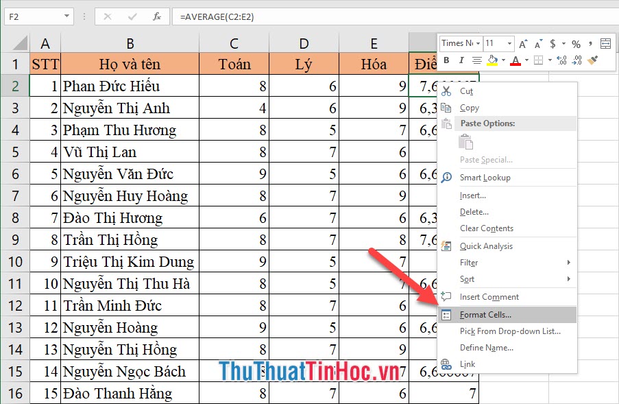 Chọn Format Cells