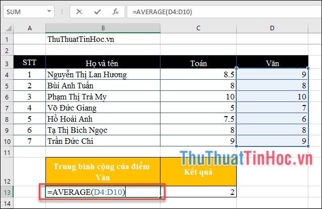 Hàm tính giá trị trung bình AVERAGE