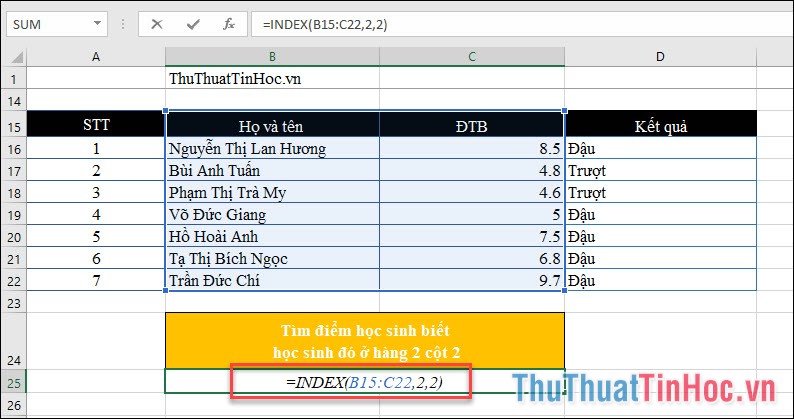 Hàm INDEX dạng mảng