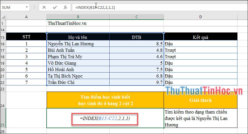 Hàm INDEX dạng tham chiếu