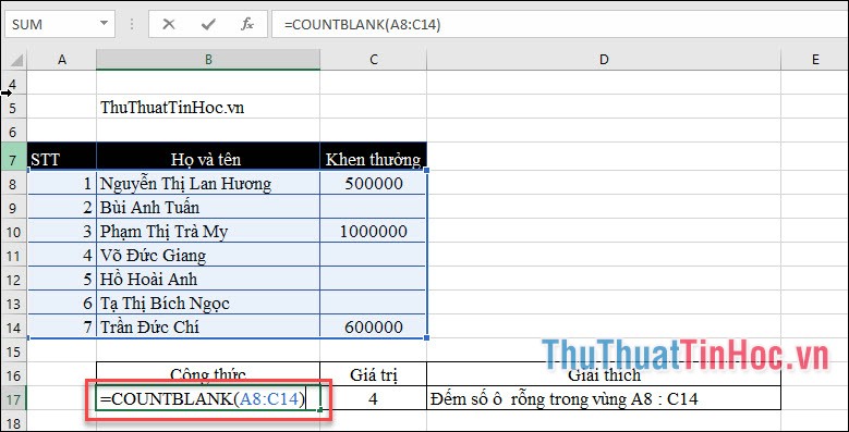 Hàm đếm COUNTBLANK