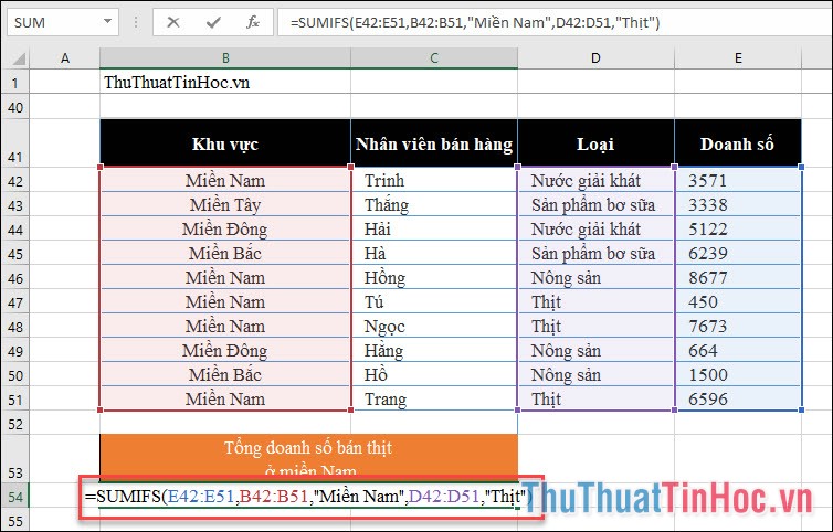 Hàm tính tổng SUMIFS