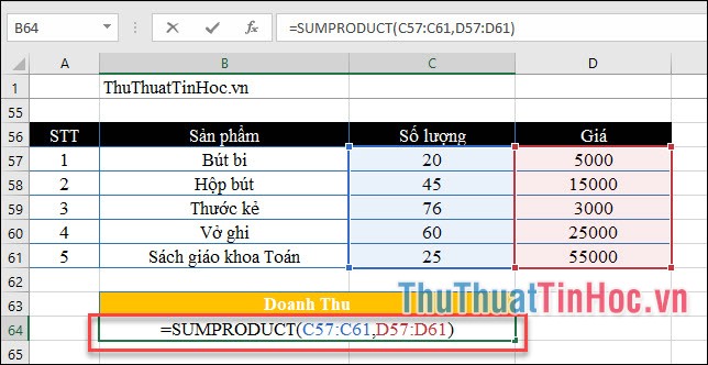 Hàm tính tổng giá tiền sản phẩm SUMPRODUCT