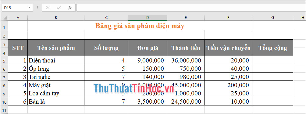 Tính tổng tiền đơn giá sản phẩm