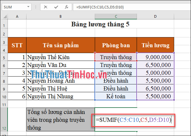 Sử dụng hàm SUMIF để tính: =SUMIF(C5:C10,C5,D5:D10)