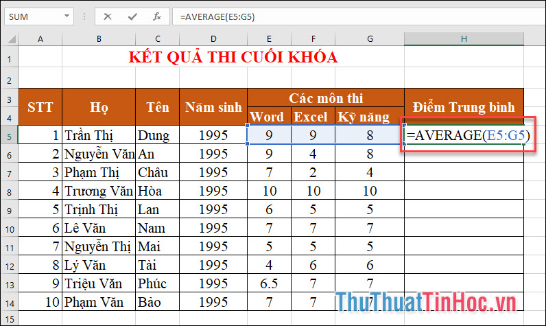 Điểm trung bình của học sinh được tính: ĐTB= AVERAGE(E5:G5)