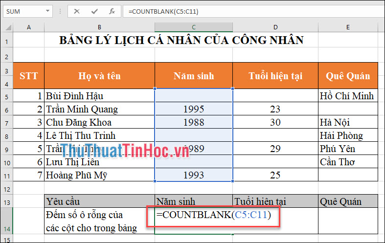 Sử dụng hàm COUNTBLANK cho từng cột