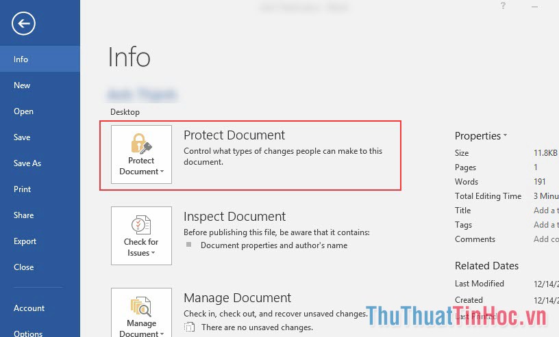 Chọn Info - Chọn Protect Document