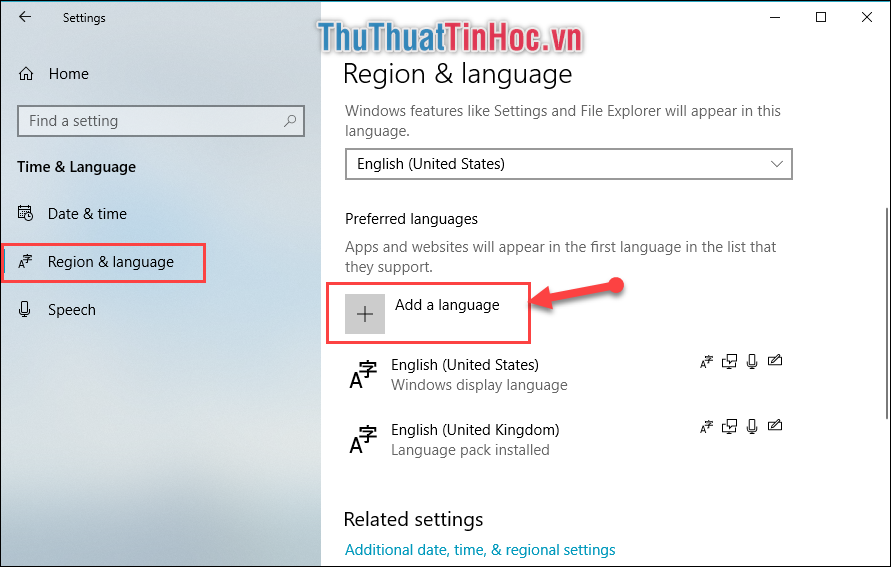 Tại tab Region & Language chọn Add a language