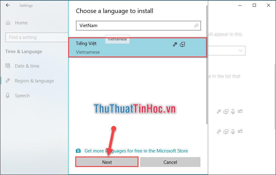 Tìm kiếm Tiếng Việt (Vietnamese) - Ấn chọn rồi ấn Next