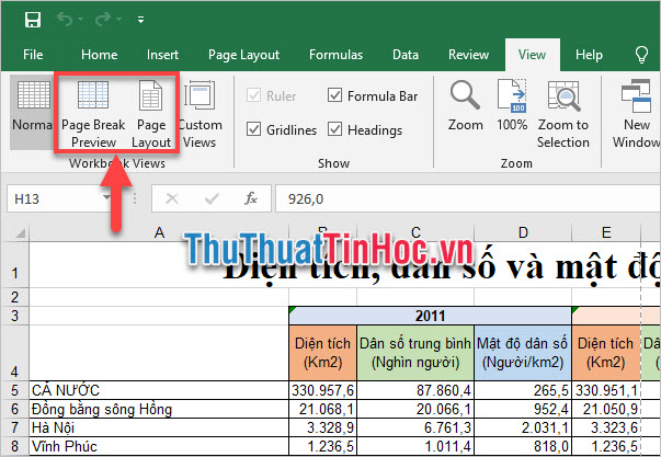 Có hai kiểu hiển thị dữ liệu Page Break Preview và Page Layout