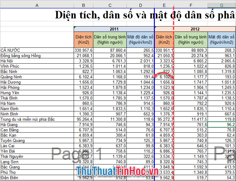 Đường ngắt trang được chuyển dời từ giữa cột E và F thành giữa cột D và E