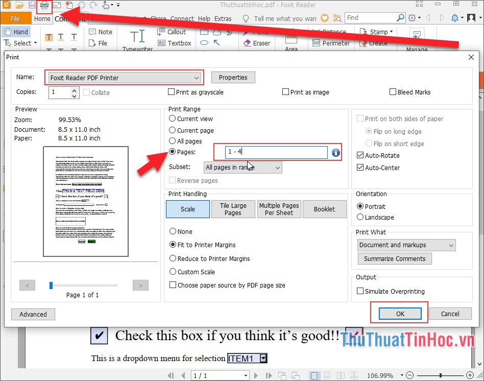 Nhấn Ctrl + P hoặc ấn biểu tượng máy in để tách file PDF