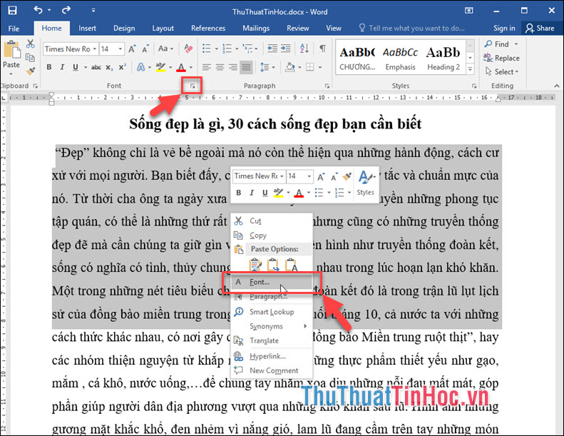 Quét chọn vùng văn bản, sau đó click chuột phải và chọn Font