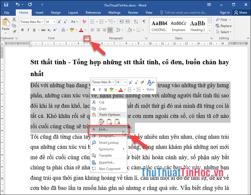 Chọn vùng văn bản - Click vào biểu tượng Font trên thanh công cụ