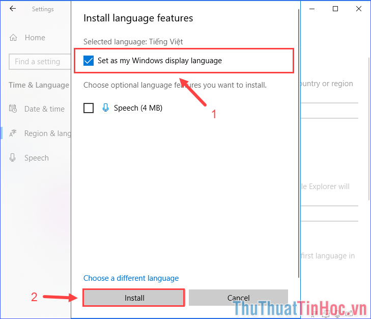 Đánh dấu ô Set as my Windows display language, rồi ấn Install