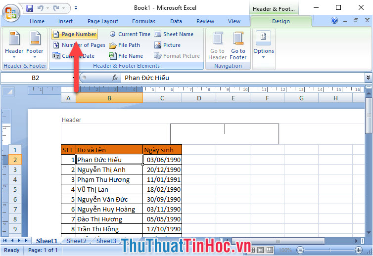 Click vào Page Number trong mục Header & Footer Elements