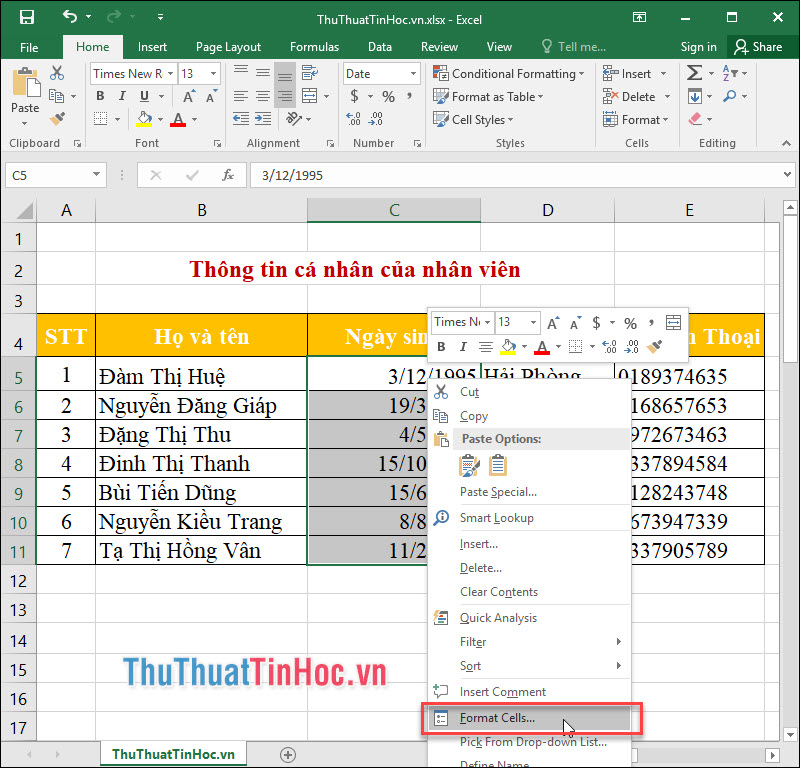 Nhấp chuột phải vào ô đã chọn và chọn Format Cells