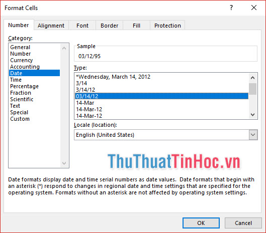Chọn Number - Date, chọn định dạng ngày mong muốn, click OK