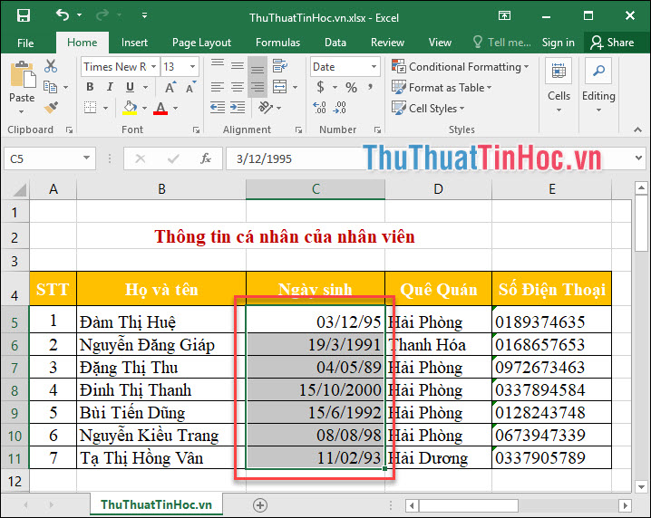 Kết quả sau khi thay đổi định dạng ngày