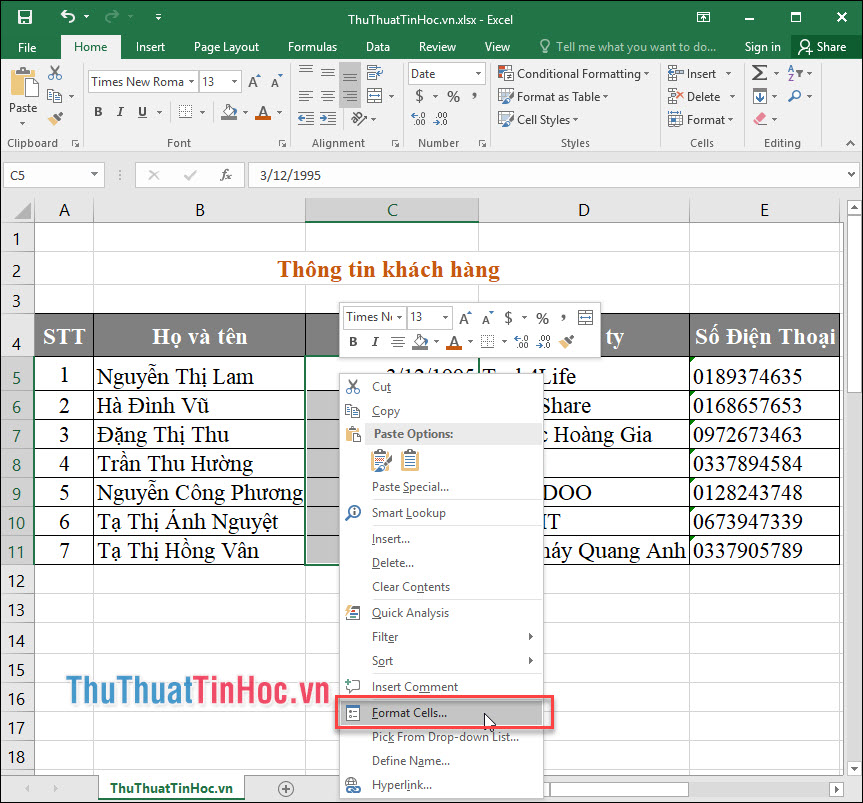 Chọn cột ngày tháng - click chuột phải chọn Format Cell