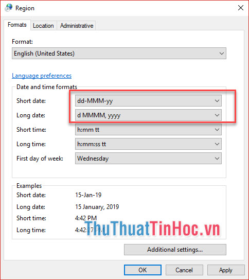 Chọn mục Format, lựa chọn định dạng ngày tháng năm ở Short date, Long date