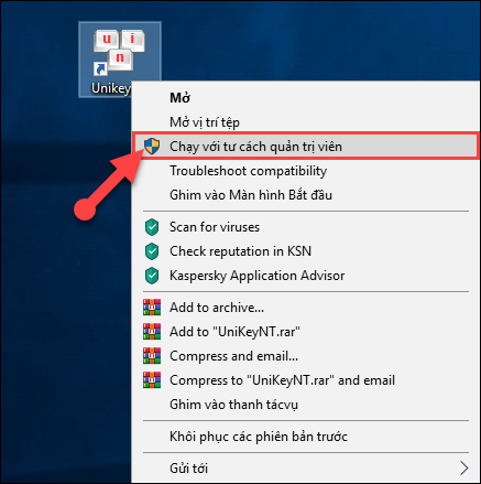 Chạy lại ứng dụng Unikey với quyền Admin