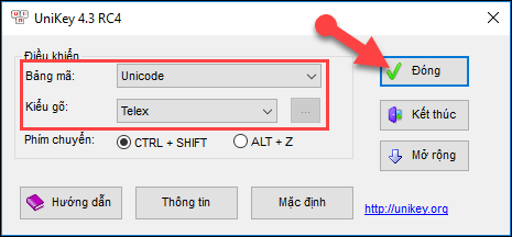 Lựa chọn Bảng mã Unicode - Kiểu gõ Telex