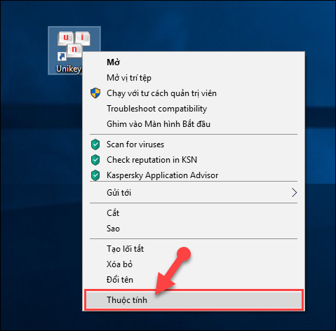 Click chuột phải vào icon ứng dụng Unikey, chọn Properties/ Thuộc tính