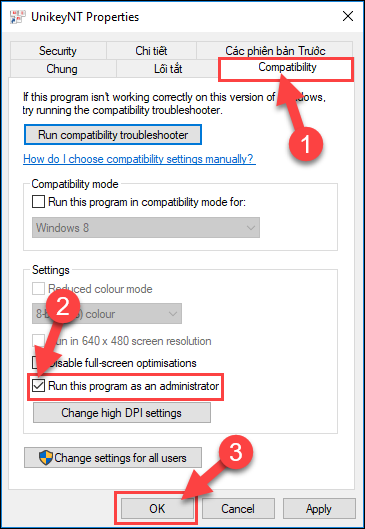 Tích chọn dòng Run this Program as an administrator