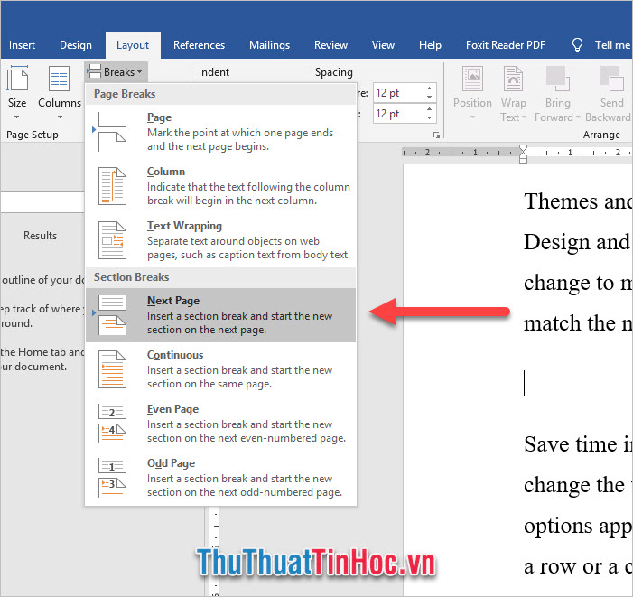 Mở Breaks rồi chọn Next Page trong phần Section Breaks