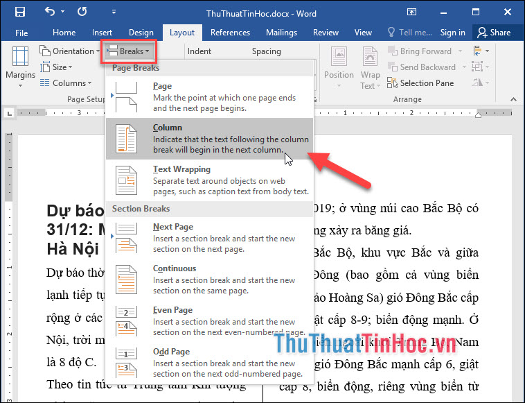 Đến thẻ Page Layout - Break - Column