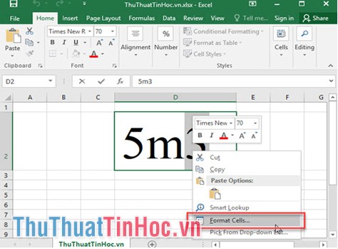 Bôi đen kí tự muốn định dạng chỉ số trên, click chuột phải chọn Format Cells