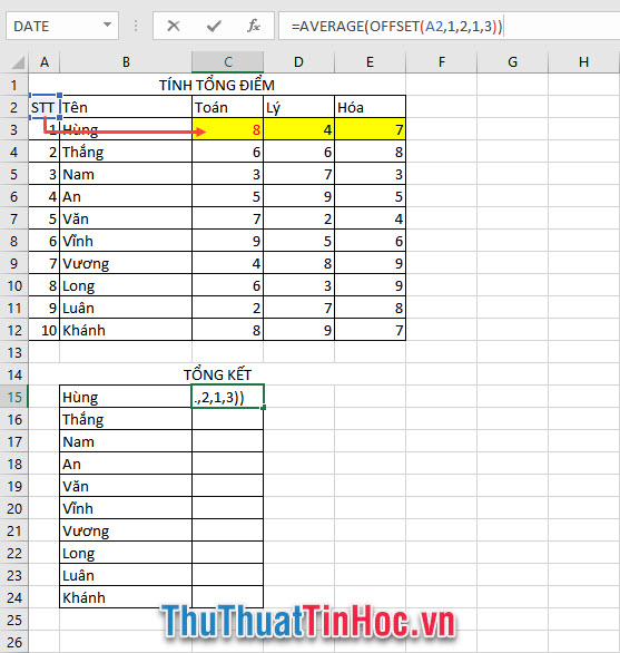 Tính điểm trung bình của ba môn Toán Lý Hóa của người đầu tiên