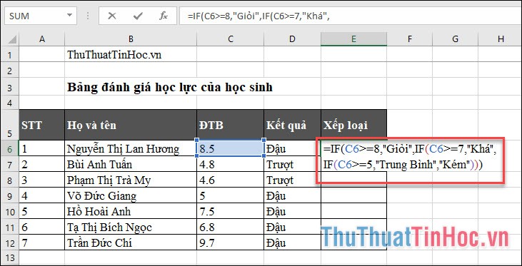 Sử dụng hàm IF lồng nhau