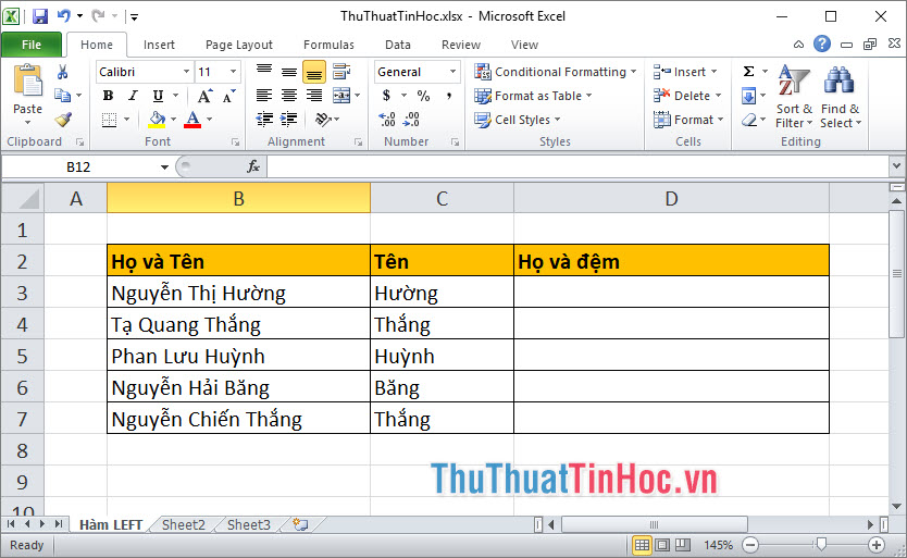 Tách họ và tên đệm trong bảng tính Excel