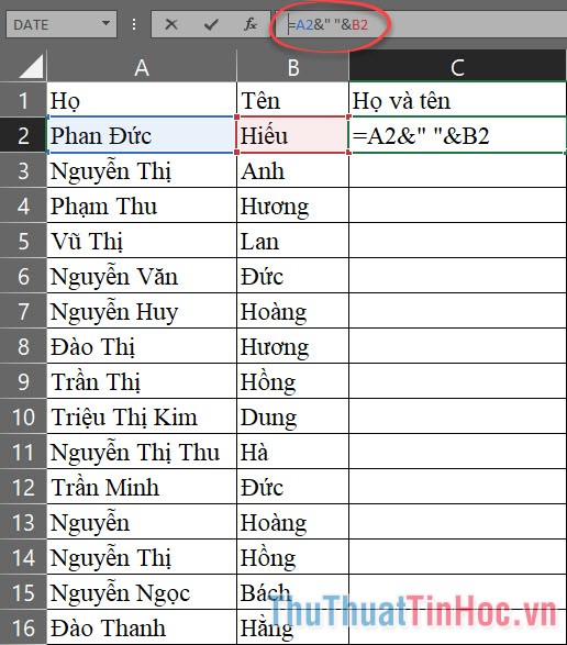 Sử dụng & để nối hai ô Họ và ô Tên lại với nhau