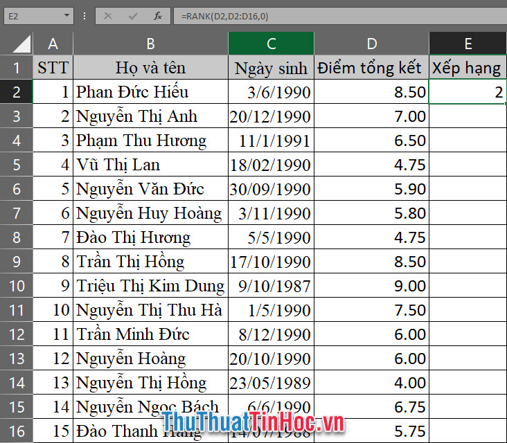 Nhập công thức =RANK(số cần xếp hạng, mảng so sánh để xếp hạng, cách xếp hạng)